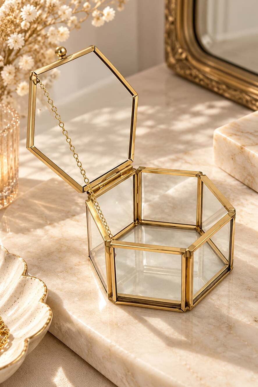 Hexagon Geometric Gold Clear Glass Jewelry Box